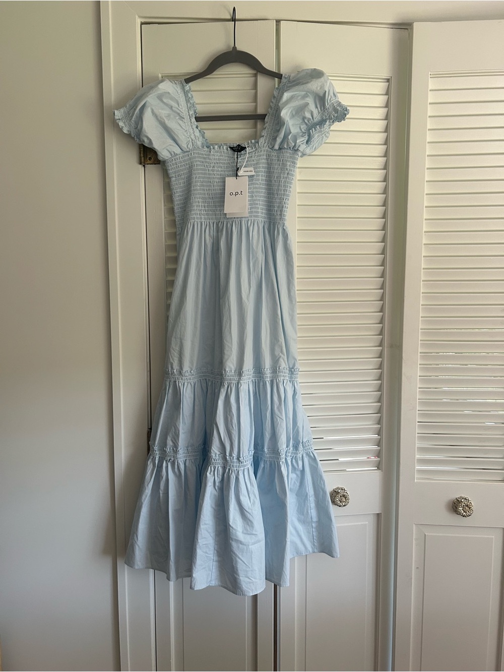 NWT o.p.t Light Blue Smocked Puff Sleeve Tiered Maxi Dress Cottagecore Milkmaid